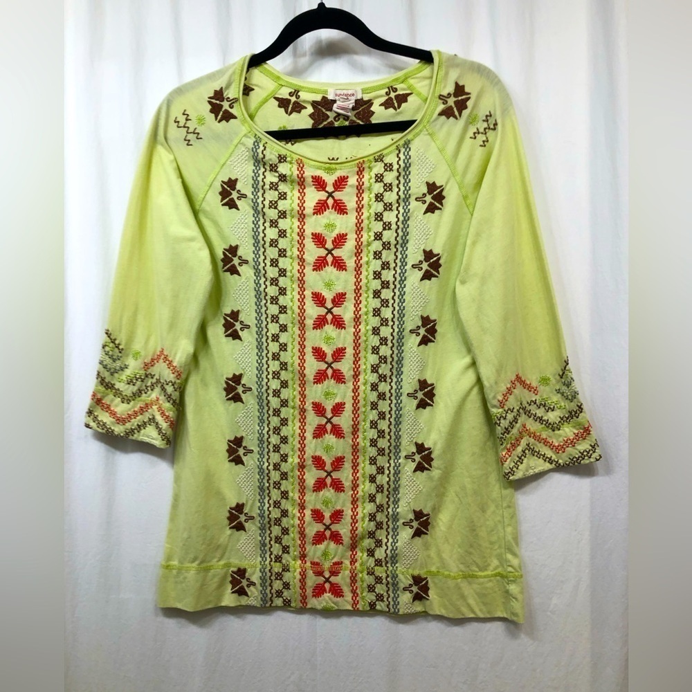 Sundance Green Leaf Embroidered 3/4 Sleeve Top Shirt Blouse Size Medium